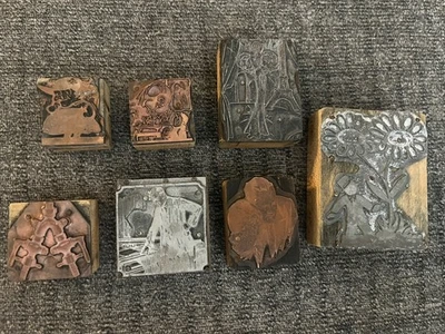 Vintage Copper Zinc Letterpress Printing Blocks Lot – Cartoon, Floral, 7 Blocks - Image 1 of 4