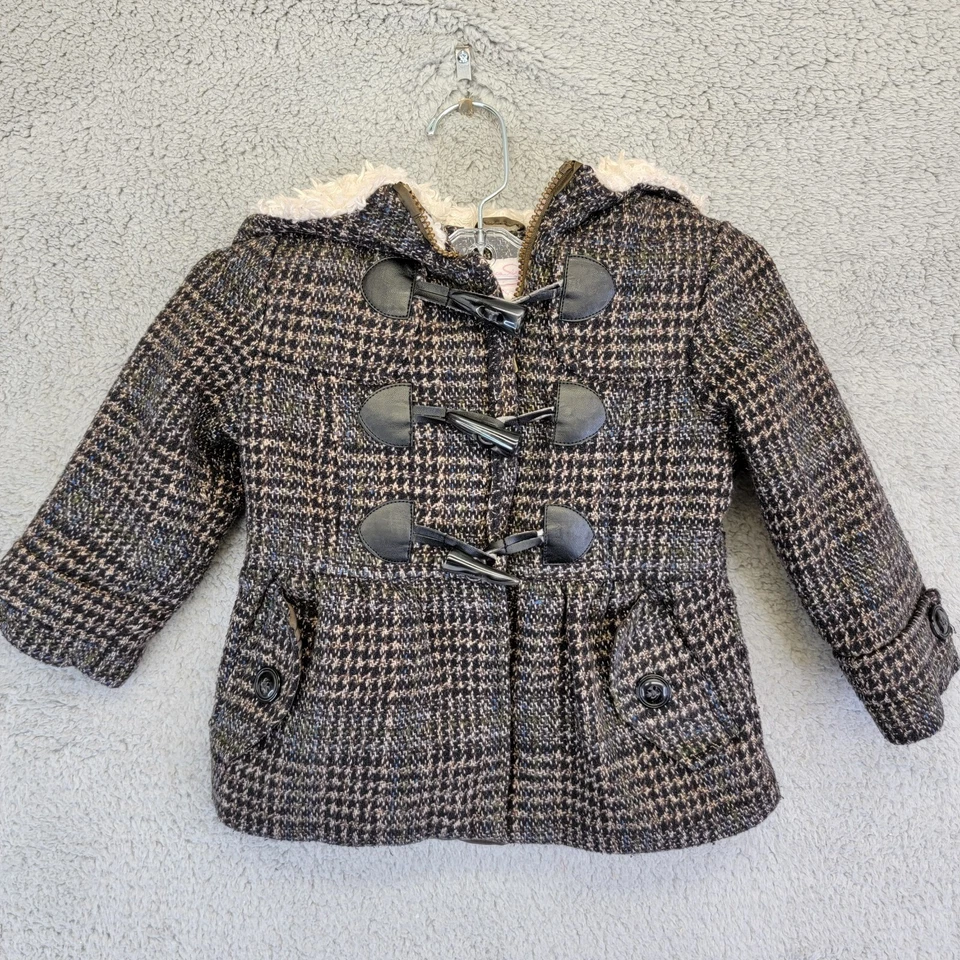 Abrigo Jessica Simpson Pea Niñas Talla 4T Marrón a Cuadros Tweed Cremallera Completa Forrado de Piel Sintética Foto 1 de 4