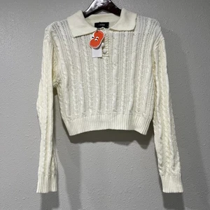 NWT Cider Women’s White Cropped Knit Sweater Size Small Collar Very Soft NEW - Picture 1 of 8