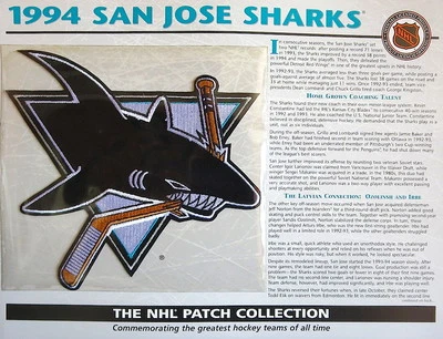 1994 SAN JOSE SHARKS ~ WILLABEE & WARD ~ NHL THROWBACK HOCKEY PATCH & INFO CARD - Image 1 of 2