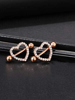Sexy perforante barras de pezón de doble capa de oro rosa corazón joyería corporal Foto 1 de 4