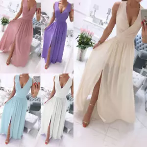 Vestido de fiesta de noche de gasa con cuello en V para mujer Vestido de baile con abertura alta Vestido de dama de honor - Imagen 1 de 12