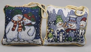 Winter Snowman Tapestry Pillow Door Knob Hanger Christmas Decor 5" Set of 2 - Picture 1 of 7