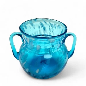 Vintage Hand Blown Blue Spatter Splatter Glass Sugar Bowl Handles Art Deco Style - Picture 1 of 4