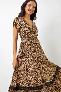 Roman Camel Animal Print Shirred Waist Maxi Dress with Pockets in Size 16 - Picture 1 of 6