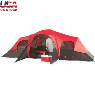 10 Person Camping Tent Easy Setup 2 Doors Screened Porch Weather Resistant Red - Image 1 of 4