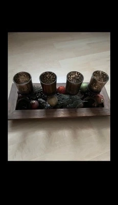 Deko Tablett Holz Adventskranz 4 Kerzenhalter Mit Schöner Deko - Bild 1 von 2