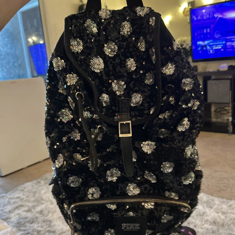 Victoria's Secret PINK Bling Ink Slate SEQUINS  IRRIDESCENT Backpack USED 1X - Image 1 of 4