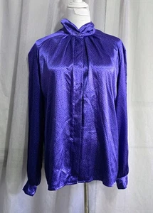 Aywon Vintage Blouse Shirt s.14 (Mod 12) Purple & Black Polka Dot Satin * - Picture 1 of 11