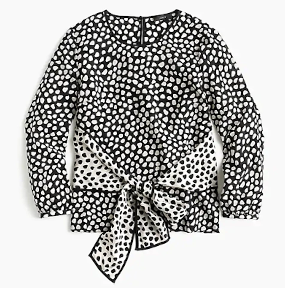 Blusa J Crew Top Mujer 8 Negro Blanco Estampado Guijarro Seda Frontal Corbata Cinturón Carrera Foto 1 de 4