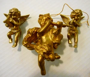 Set of 3 VTG Plastic Christmas ANGEL CHERUBS Music Instruments Gold Ornaments - Picture 1 of 5