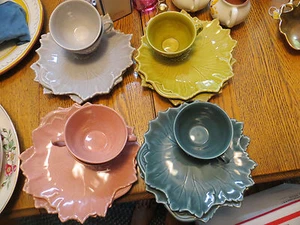 8 Steubenville Woodfield Snack Plates & 6 Footed Cups Chartruse,Salmon,Teal,Gray - Picture 1 of 12