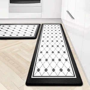 Set of 2 Kitchen Mats Black White Plaid Cushioned Anti-Fatigue Kitchen Rugs W... - Picture 1 of 6