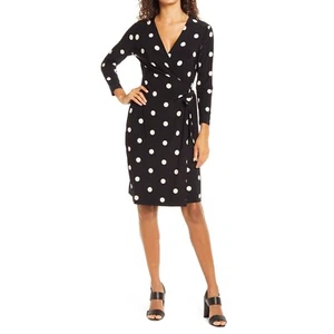Anne Klein Dress Womens L Black White Polka Dot Wrap Long Sleeve Tie Waist NWT - Picture 1 of 10