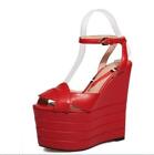 Womens Faux Leather Buckle Strap High Platform Wedge Heels Round Toe Thin Shoes