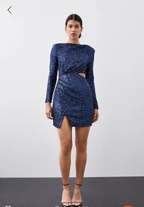 Karen Millen Stretch Sequin long sleeve Cut Out Mini Dress size UK L - Picture 1 of 14