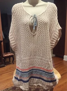 Sanctuary Solid Ivory W/ Colored Striped Bottom Cap Sleeve Cotton Sweater M - Picture 1 of 7