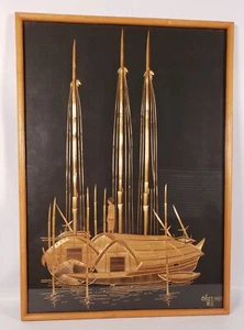 Straw Art Asian Boat Nautical Framed Signed Chan Mia 1983 Bamboo 17x13"  SH - Bild 1 von 9
