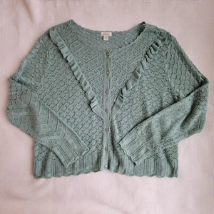 Sundance Neu mit Etikett meergrün Emery Pointelle Strick Cardigan Gr. XXL Rüschen Leinenmischung - Bild 1 von 11