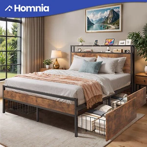 Queen Size Bed Metal Headboard Platform with 4 Storage Drawers Storage Headboard - Picture 1 of 12