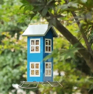 Metal Blue House Design Wild Bird Hanging Feeder Outdoor Home Decor - Picture 1 of 6