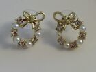 Earrings Gold Tone & Faux Pearl & Crystal Set Round Bow Detail Pretty