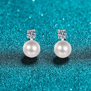 Women's Moissanite Stud Earrings 925 Sterling Silver Freshwater Pearl Jewelry - Picture 1 of 1