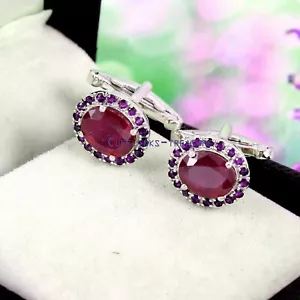 Natural Amethyst & Ruby Gemstones with 925 sterling silver Cufflinks for Men #68 - Picture 1 of 3