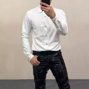Hombres Camisa Brillante Imitación Cuero Manga Larga Prendas para el torso Delgado Fiesta Showman Disfraz Blusa - Imagen 1 de 38