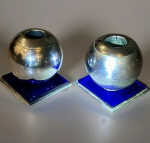 2 Chase RUSSEL WRIGHT Art Deco Chrome Cobalt Blue Glass Ball Orb CANDLE HOLDER - Picture 1 of 6