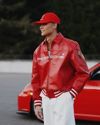 Zee Mens Aimé Leon Dore x Porsche 911 style cow Leather Jacket Biker Motorcycle - Image 1 of 4