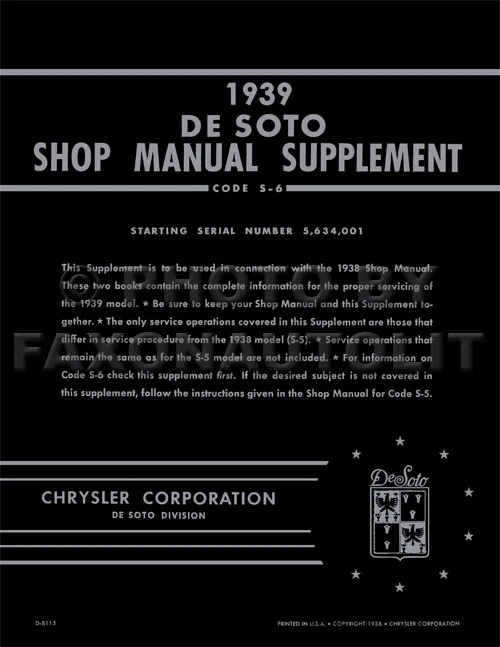 1939 DeSoto Shop Manual Supplement 39 De Soto Repair Service Book S6 - Image 1 of 4