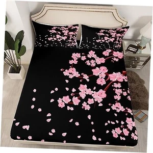 Pink Cherry Blossom Fitted Sheet Cute Floral Bed Sheets, Japanese Twin Multi 16 - Picture 1 of 6