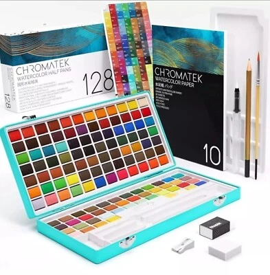 CHROMATEK Watercolor Paint Set, 128 Vivid Colors in Portable Box With Pad, Brush