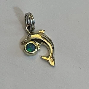 DOLPHIN Charm, Gold Tone With Green Gem, Stamped 925 - Picture 1 of 7