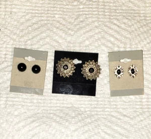 Vintage Pierced Post Style Earrings - 3 pairs Black Balls, Black & Silver Flower - Picture 1 of 7