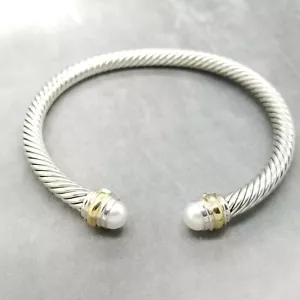 David Yurman 925 Sterling Silver & 14k Gold Diamond 5mm Pearl Bracelet Bangle - Picture 1 of 11