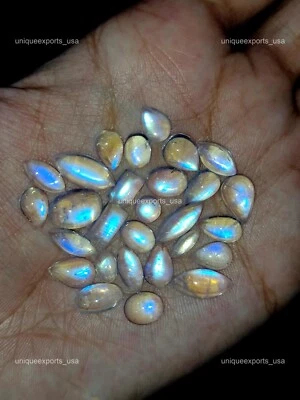 Indian Rainbow Moonstone Cabochon Handcrafted Gemstone Natural 2 Pcs 3x6x9 mm - Image 1 of 3