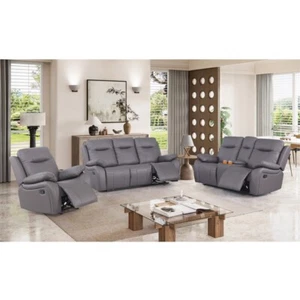 Pemberly Row Recliner Sofa Faux Leather 3 Pieces Manual Recliners Couch Set Gray - Picture 1 of 10