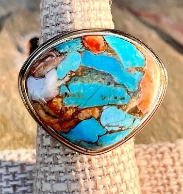Barse NWT Turquoise Orange Shell Golden Matrix Bronze Statement Ring Size 7.5 - Image 1 of 4