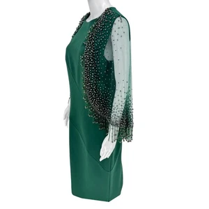 Vestido Pamella Roland Rich verde bosque con cuentas superpuestas manga larga capa talla 8 - Imagen 1 de 8
