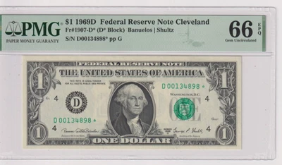 Fr 1907-D* 1969D $1 FRN D00134898* PMG 66EPQ GEM CU CLEVELAND 1969-D SERIES - Image 1 of 2