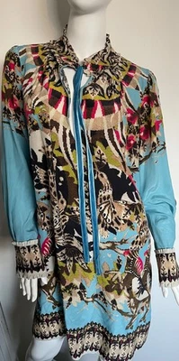 Vestido ROBERTO CAVALLI Italiano Seda Fluye Hermosamente Blusa Estampado Cautivador Foto 1 de 4