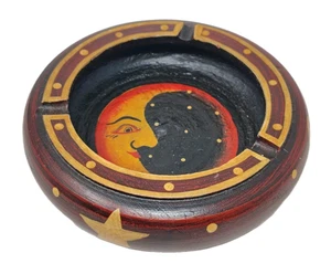 VTG Wood Celestial Trinket Dish Ashtray Crescent Moon Star Hand Carved Painted - Picture 1 of 10