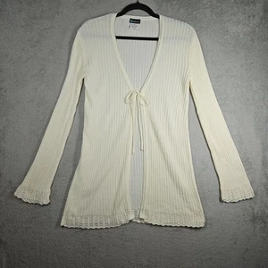 Coolwear Ivory Long Tie Front Ribbed Cardigan Sweater Crochet Hem&Wrists Sz M - Picture 1 of 13