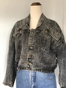Vintage 80’s Acid Wash Black Grey Cropped Denim Jacket Retro Size 6-10 EUC - Picture 1 of 8