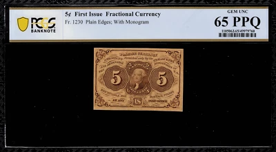 FR-1230 $0.05 First Issue Fractional Currency - 5 Cents - Graded PCGS 65 PPQ - Image 1 of 2
