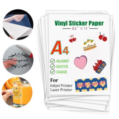 8.5"x11"Vinyl Sticker Paper Glossy Matte Clear Waterproof Printable Inkjet Laser - Image 1 of 4