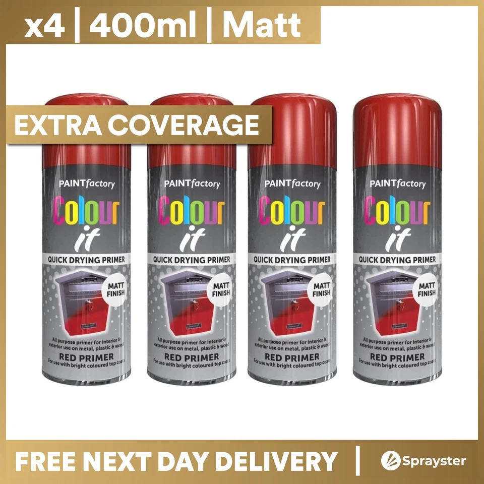 x4 Paint Factory Multi-Purpose Colour It Spray Paint 400ml Red Primer Matt - Image 1 of 2