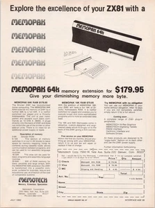 Extensión de memoria Memopak 64K ZX81 vintage 1982 anuncio impreso Colorado - Imagen 1 de 1